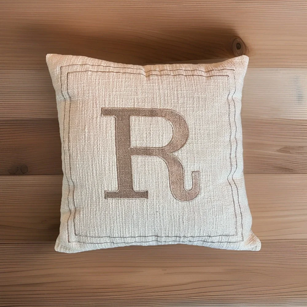 Monogram‎ Letter R Throw Pillow 16x16 Beige Linen Embroidered Cushion- Farmhouse